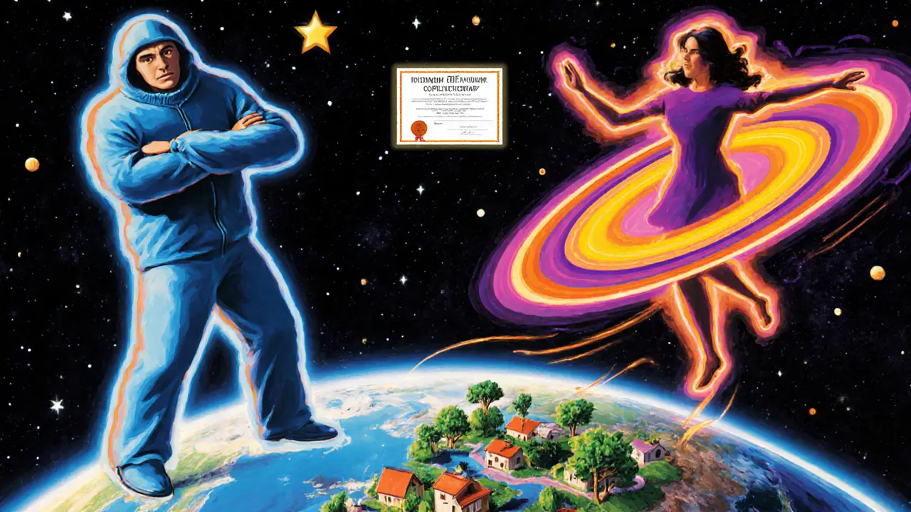 Dva lidé tančí na druhé straně planety — jeden změněný a barevný, druhý stále zablokovaný, nad nimi se vznáší certifikát terapie.