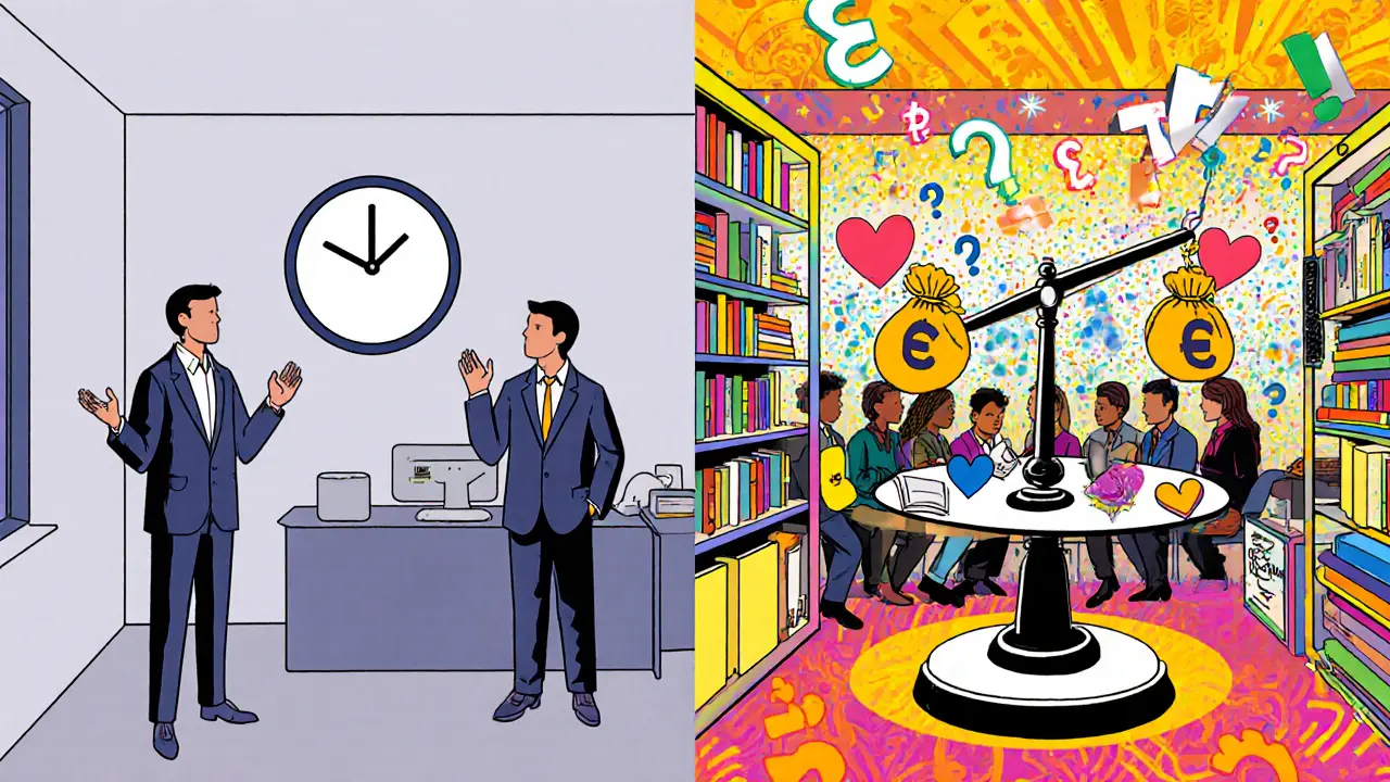 Dva terapeutičtí prostředí: moderní kancelář a akademické centrum s různými cenami a vizuálními symboly.