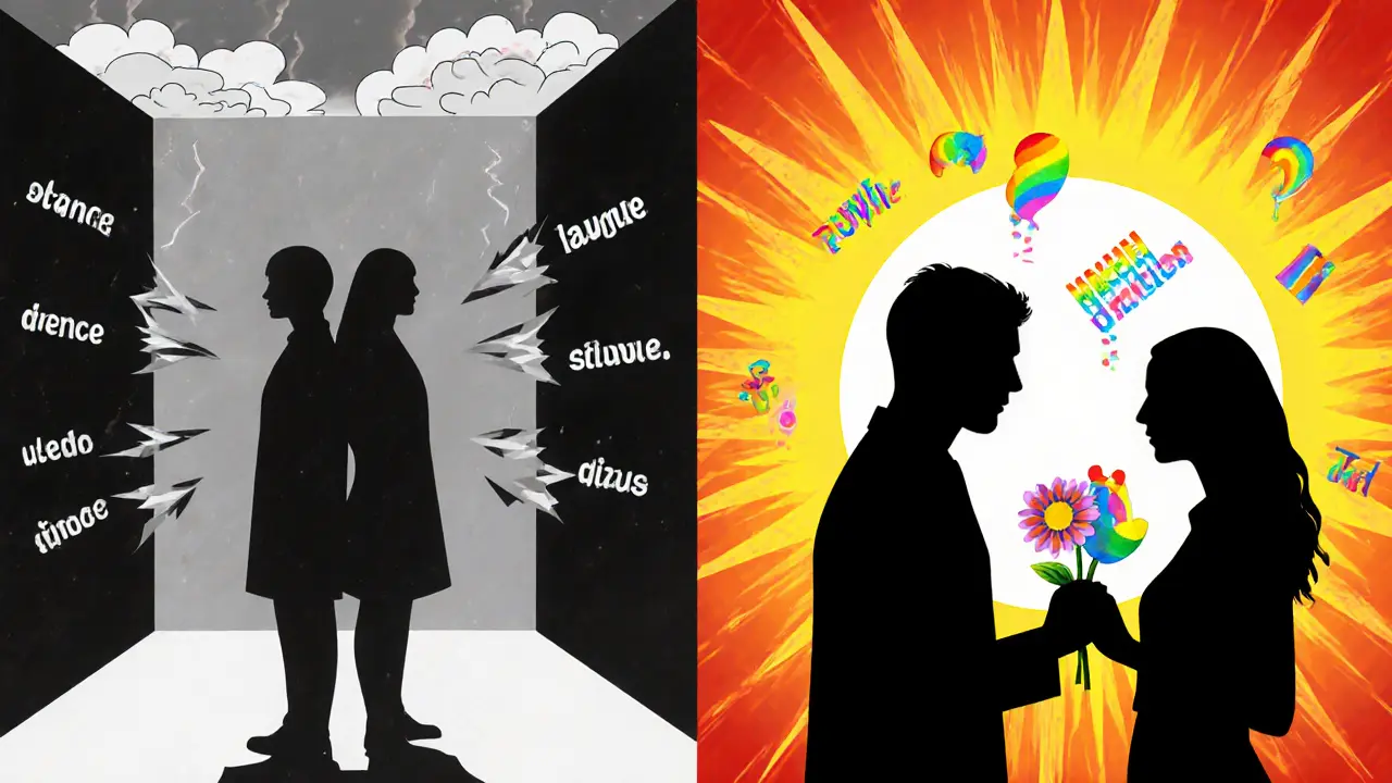 Dvě scény: jedna s konfliktem ve šedých barvách, druhá s obnovou v duhových tonech.