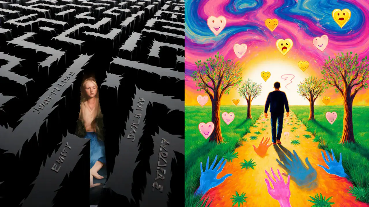 Dvě scény: jedna s temným bludištěm bolesti, druhá s osvětlenou loukou posttraumatického růstu.