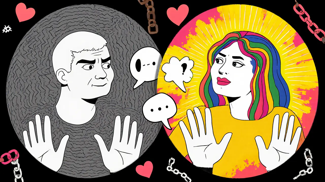 Dvojí zrcadlo ukazuje člověka, který se mění z agresivního na klidného, s proudy barev mezi nimi jako znaky změny vztahu.