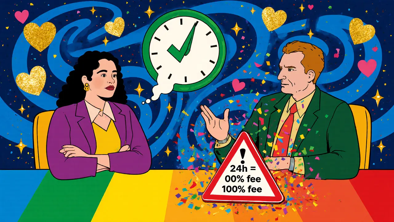 Klient a terapeut u stolu s hodinou a pravidly zrušení, červená výstraha se mění v konfeti.