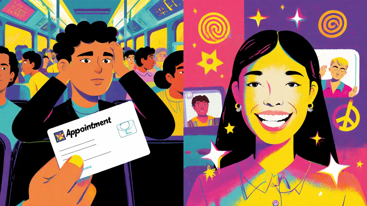 Kontrast mezi stresující dopravou a klidným online terapeutickým sezením v jasně barevném stylu.