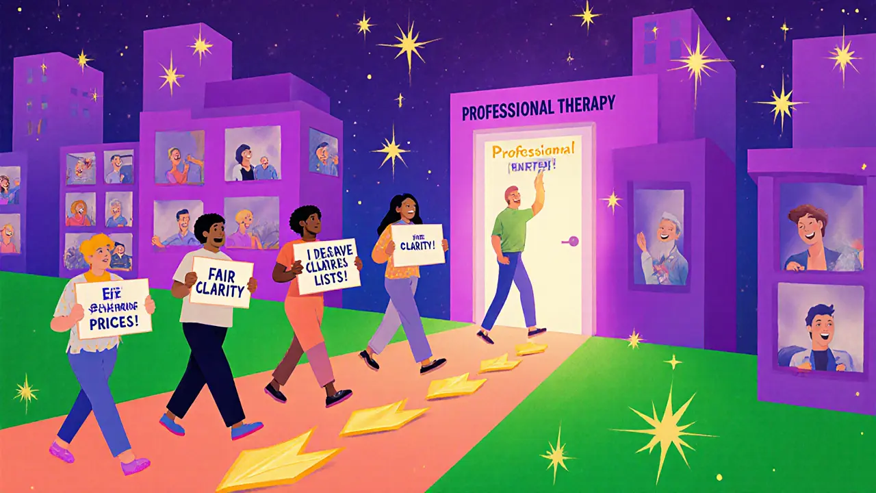 Lidé jdoucí k dveřím s nápisem &#039;Profesionální terapie&#039;, drží plakáty s požadavky na transparentnost cen.