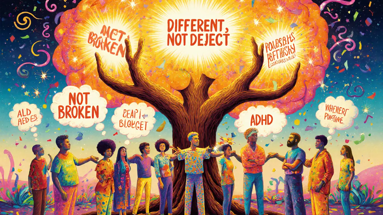 Lidé pod velkým mozkovým stromem, kde se negativní myšlenky mění v konfeti.