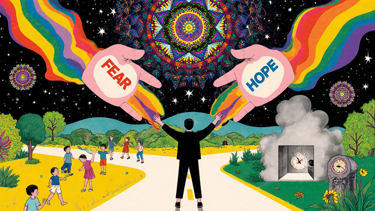 Osoba na křižovatce s jednou cestou ke světlu a druhou do mlhy, symbolizující ambivalenci změny.