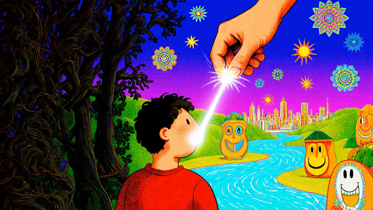 Osoba přecházející z temného lesa do zářivého města pod vedením terapeuta v psychedeliczním stylu.