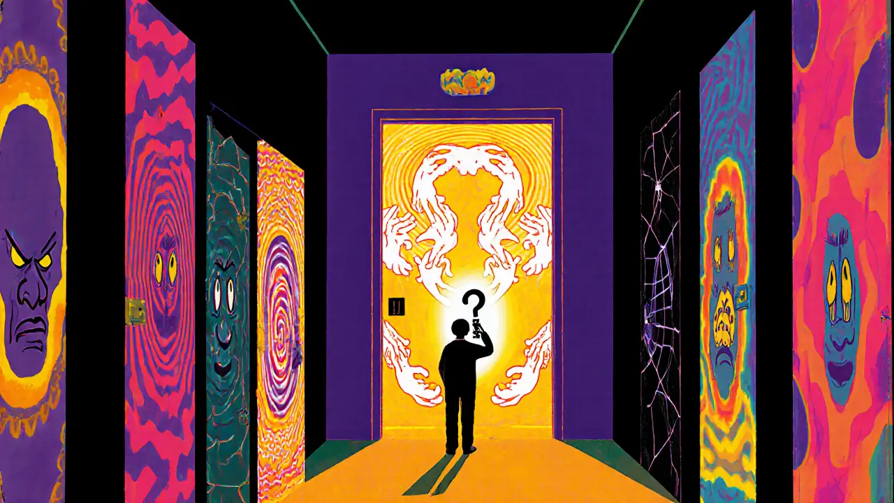 Osoba před více dveřmi, které reprezentují různé terapeuty — hledá správnou cestu.