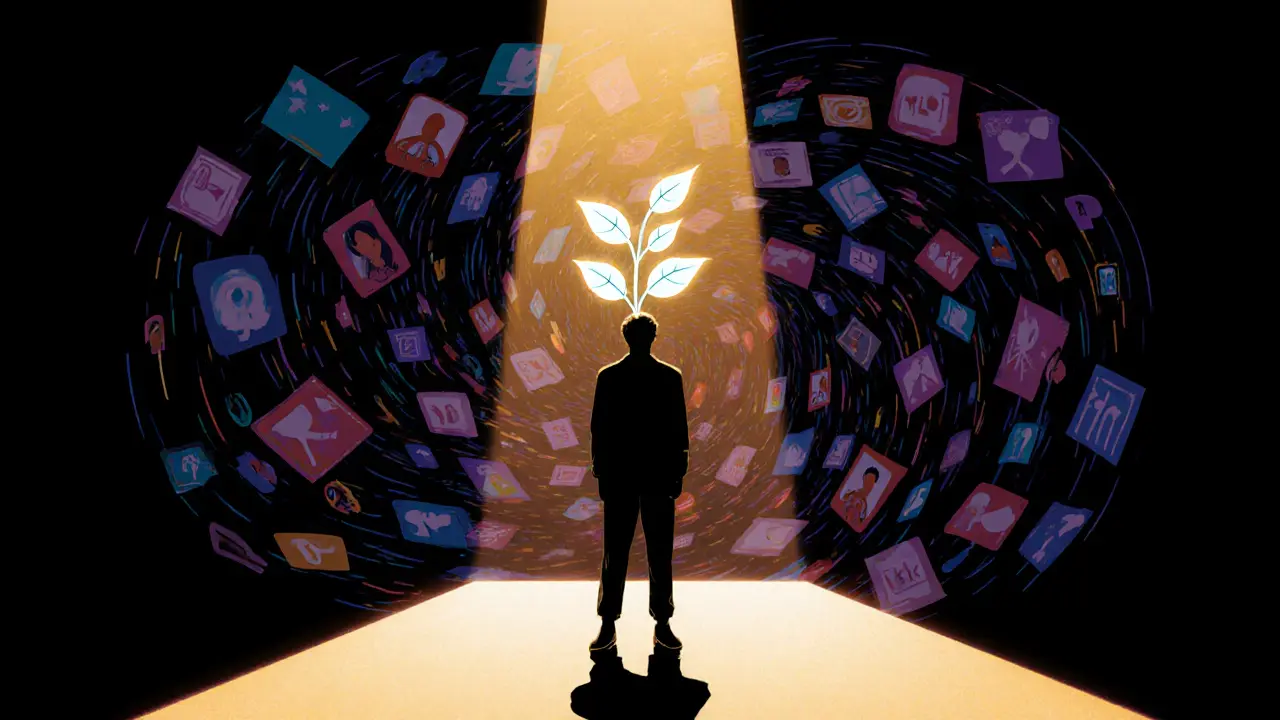 Osoba v temnotě, ze které roste růstlinka ve tvaru míru, kolem ní vír oznámení ze sociálních sítí v živých barvách.