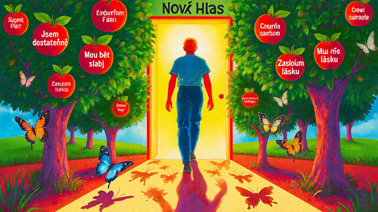 Osoba vstupuje do zahrady s ovocem pověření, kde stíny strachu mizí a létají duhové motýli.