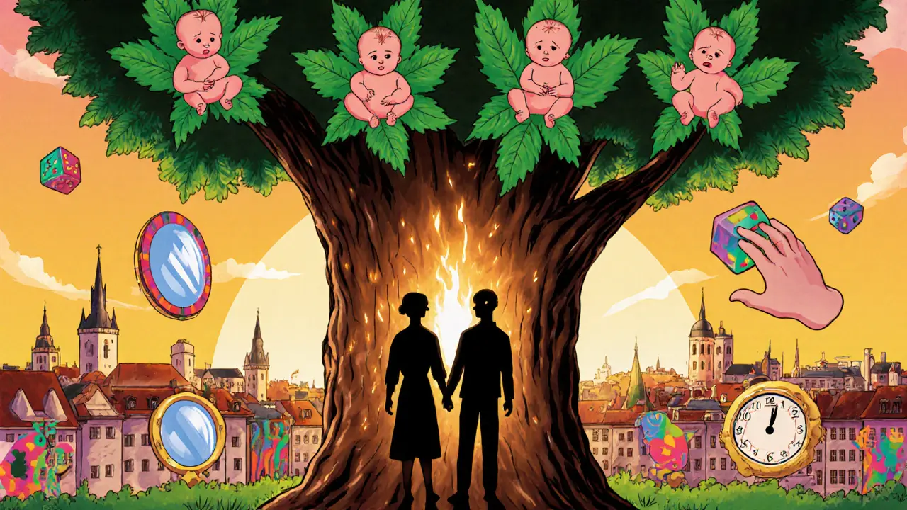 Pár drží ruce pod stromem s listy tvaru dětí, jejich stíny se slučují do jednoho tvaru.