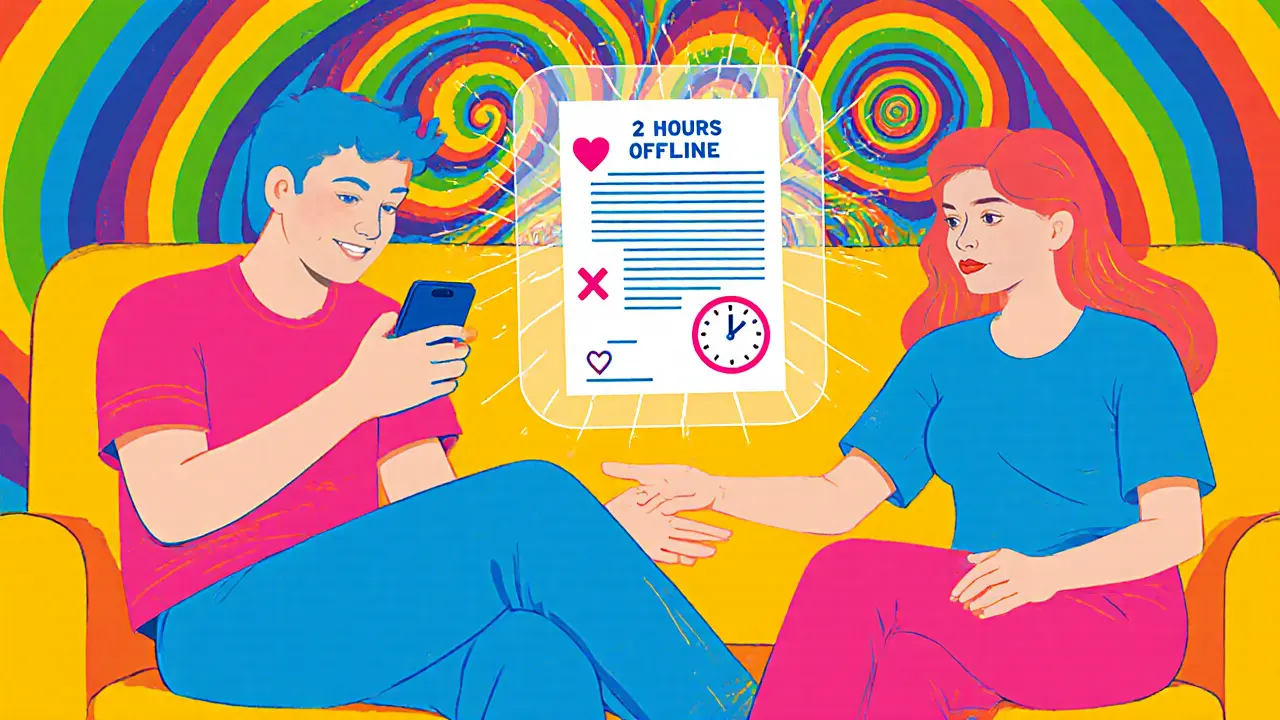 Pár sedí na gauči, mezi nimi plave digitální smlouva s symboly srdcí a časem, barvy jsou jasné a psychedelické.