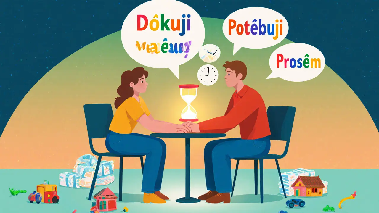 Pár si hovoří přes světící časovač, nad nimi se objevují slova děkuji a potřebuji.