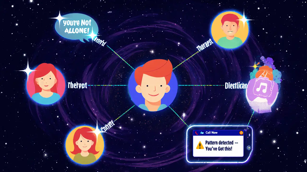 Podpůrná síť spojující osobu s terapeutem, rodičem a dietetikem, v kresleném vesmíru s upozorněním na tabletu.