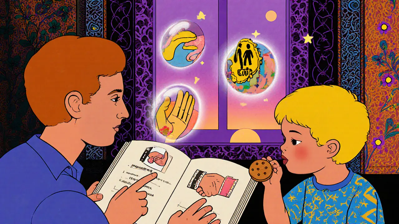 Rodič a dítě pracují s pracovním sešitem, dítě ukazuje na obrázek sdílení, oba mají ruce spojené.