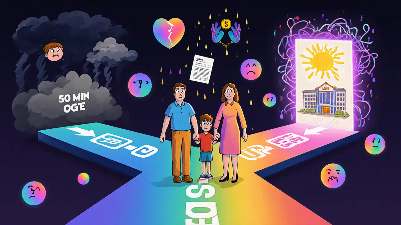 Rodina na křižovatce s třemi možnostmi terapie, každá cesta má jinou barvu a symbolický význam.