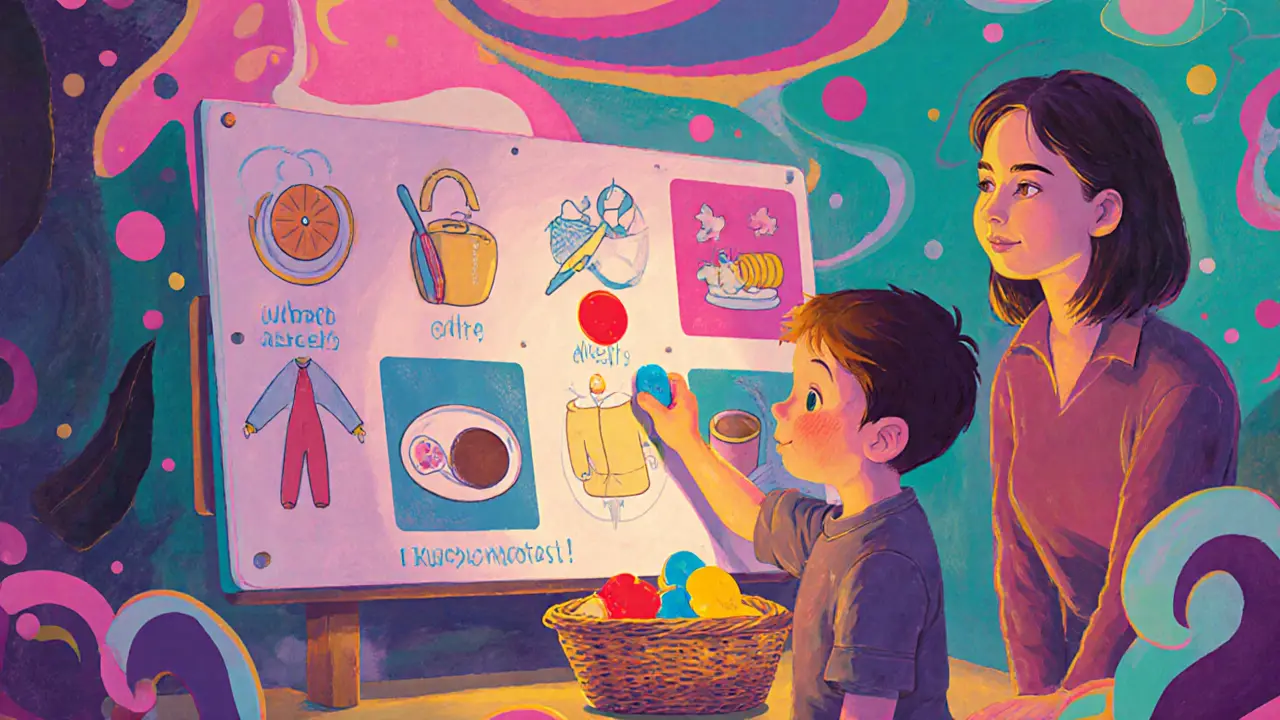 Rodina používá vizuální rozvrh doma s barevnými tokeny pro denní činnosti.