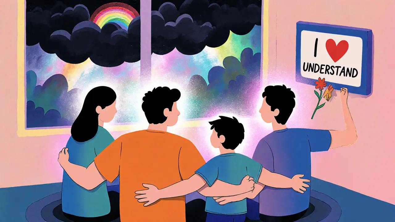 Rodina sedí v kruhu, propojená světlem a květinami, zatímco temné mraky mizí v duze, symbolizující léčbu podporou.