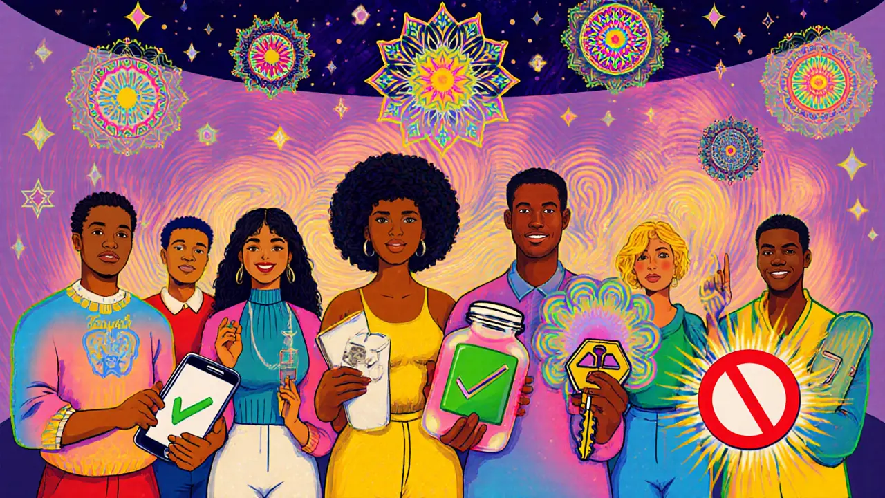 Různí lidé v centru drží předměty, které reprezentují jejich osobní cíle snižování škod.