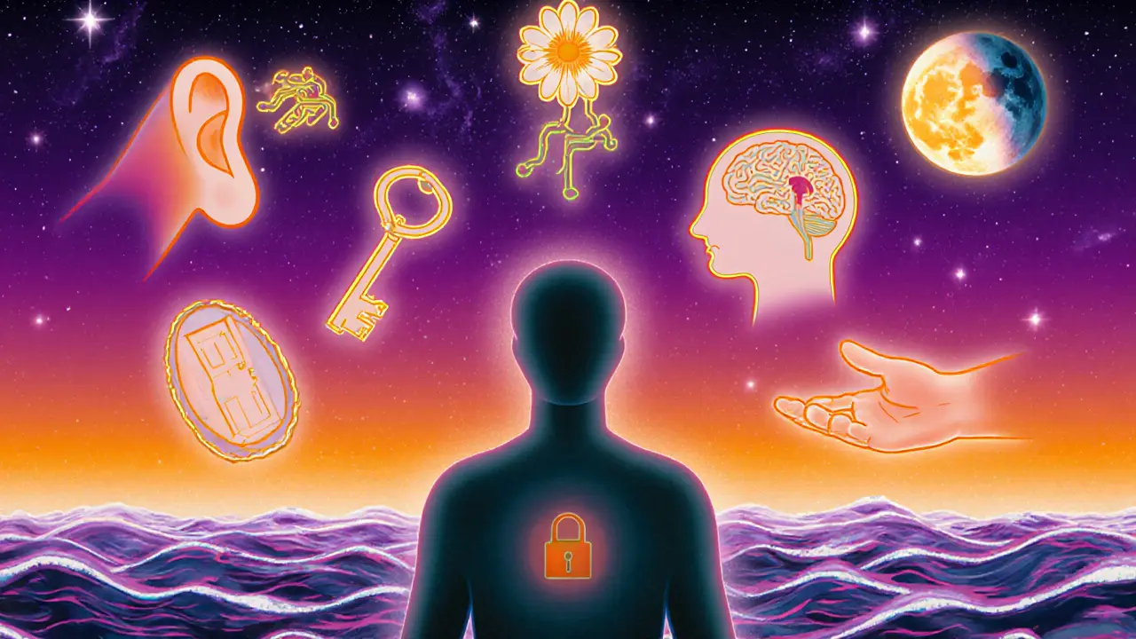 Sedm symbolických mechanismů psychoterapie jako kreslené kosmické ikony v jasné barvě.