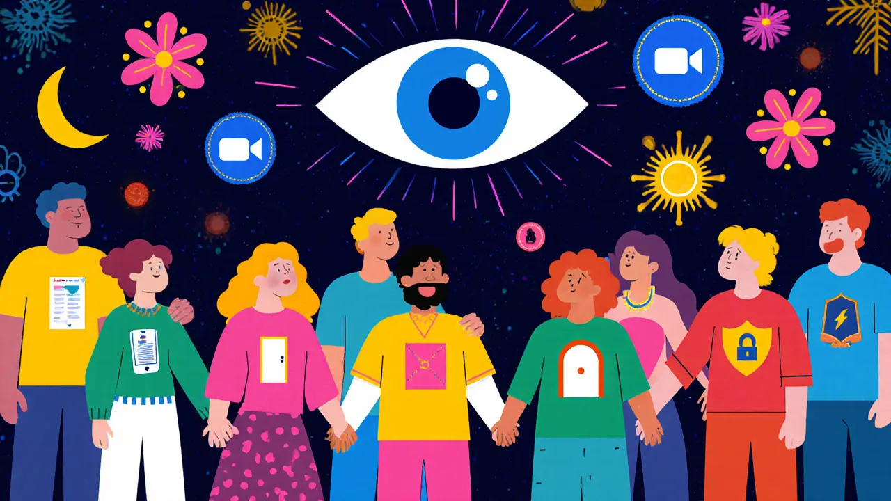 Skupina klientů drží ruce v kruhu, každý má symbol své bezpečnostní dohody, nad nimi plavou digitální a kulturní prvky.