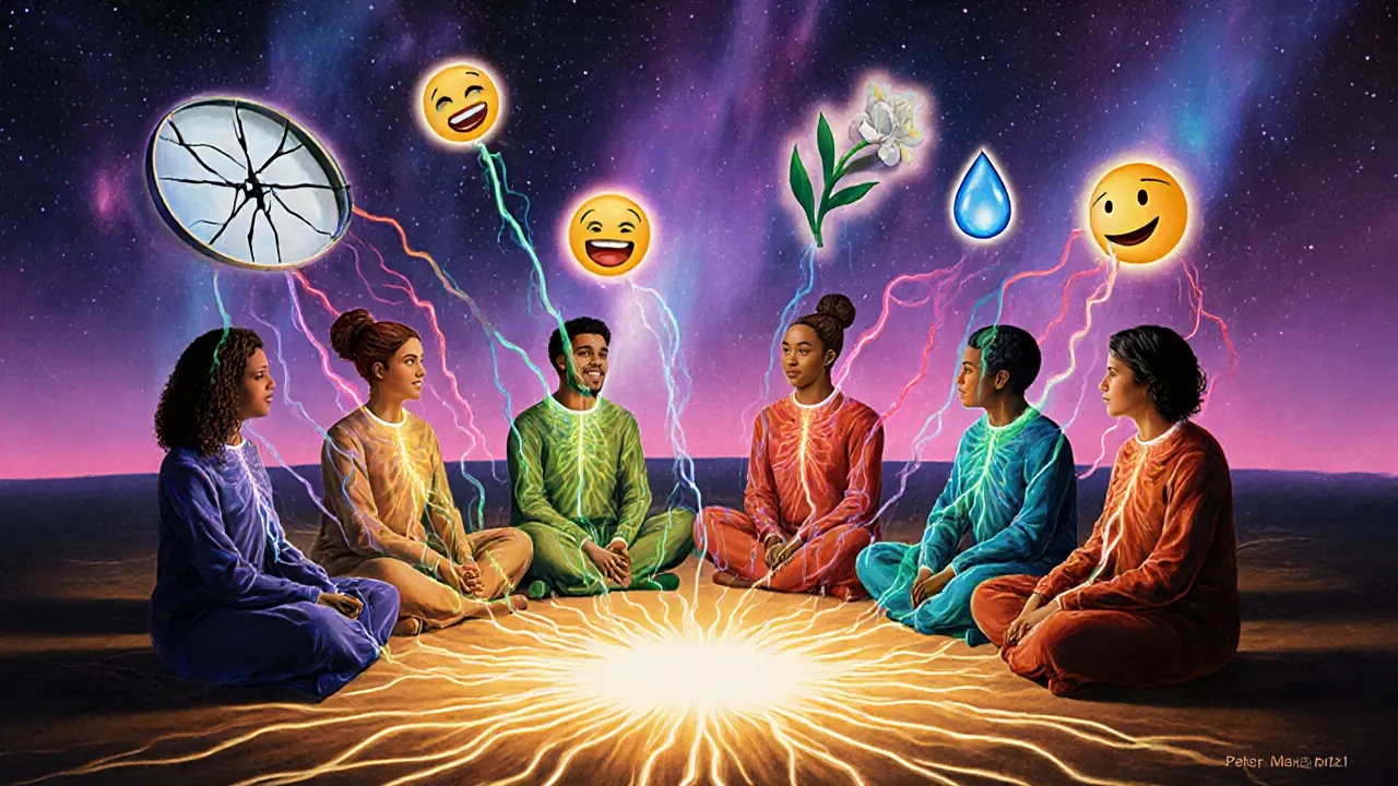 Skupina lidí v kruhu, jejich těla se mění v barevné proudy energie, spojené světlem.