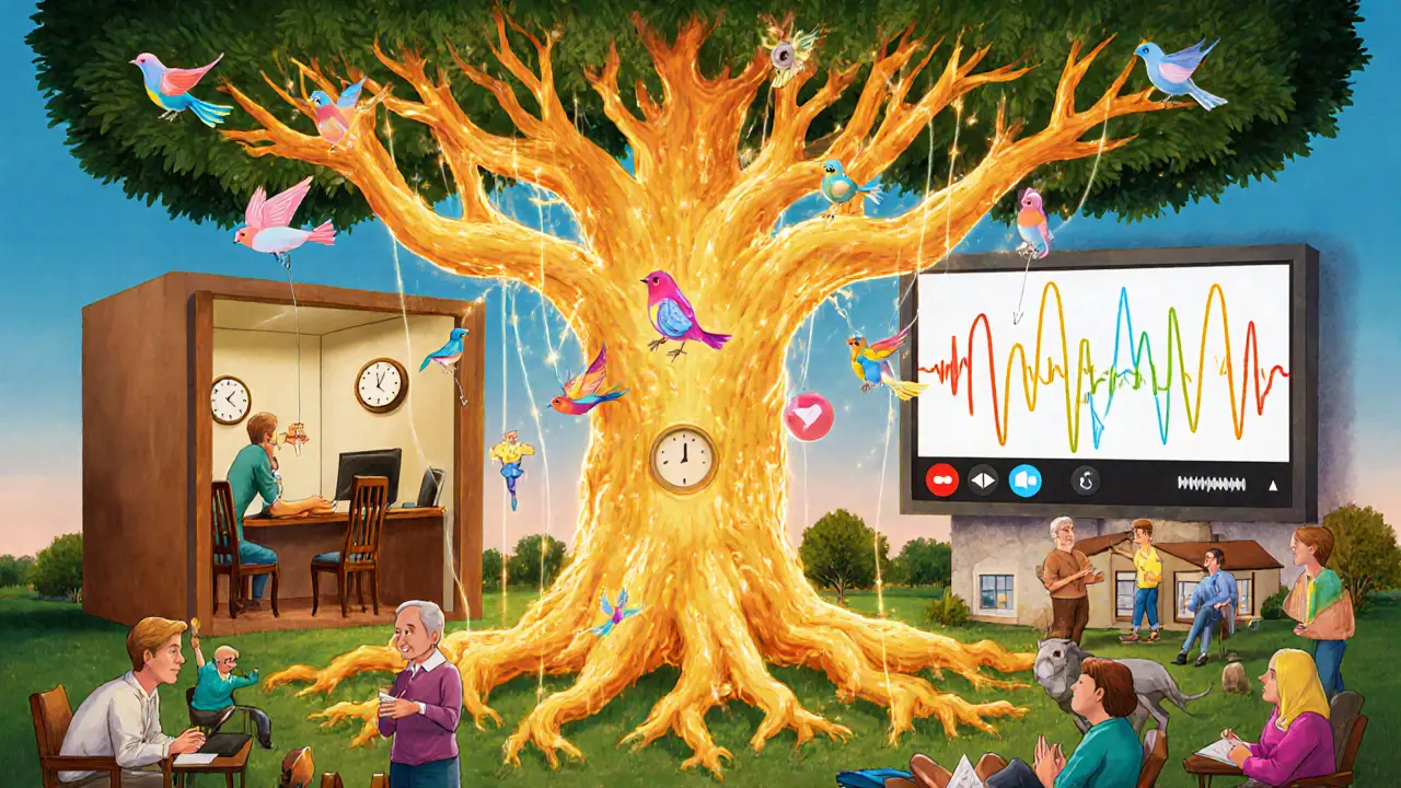 Strom s kořeny spojujícími osobní a online terapii, kolem něj lidé různých věků a prostředí.