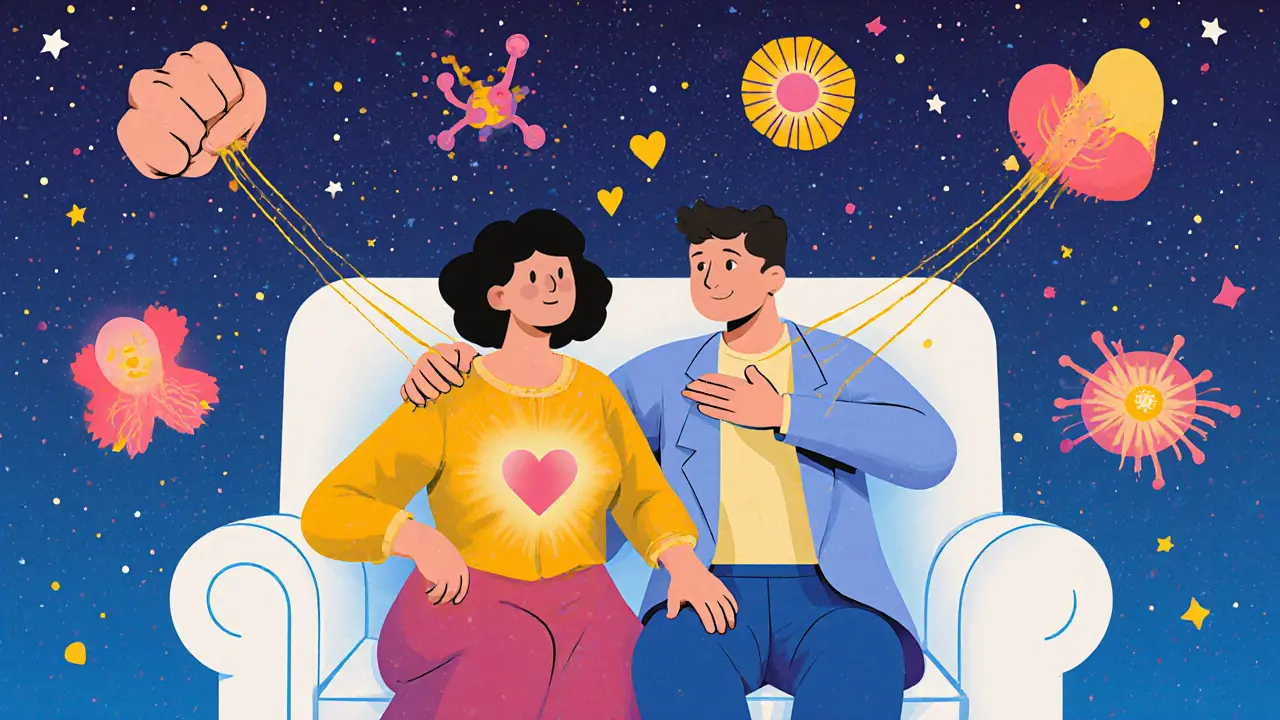 Terapeut a pacient sedí mezi plujícími tělesnými částmi spojenými zlatými nitěmi.