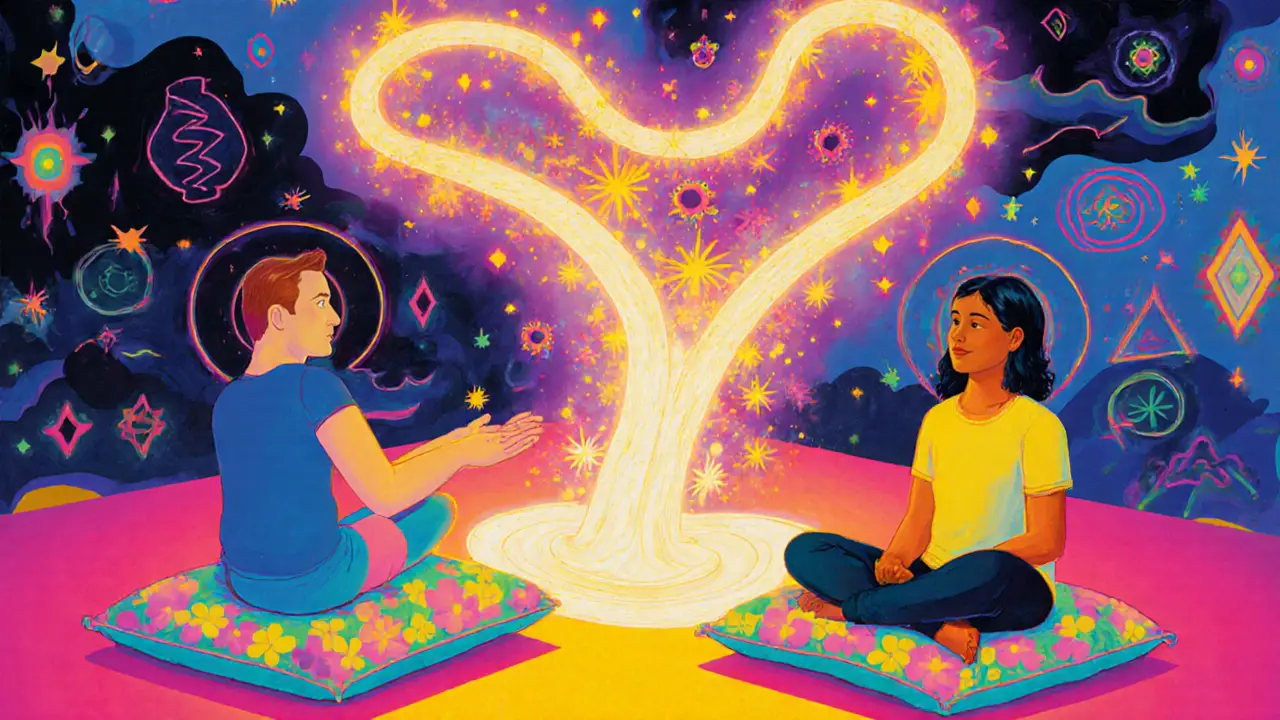 Terapeut a pacient spojeni světelnou řekou, která přeměňuje tmu na květiny v terapeutickém prostoru.