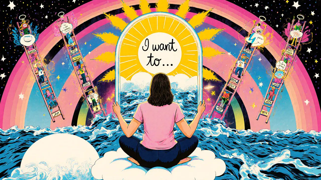 Terapeut drží zrcadlo, které odrazuje vnitřní konflikt jako bouři a slunce, symbolizující vlastní motivaci.