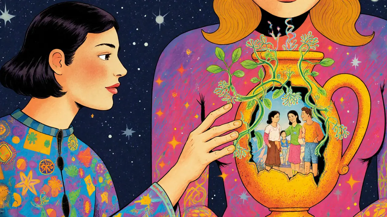 Terapeut pomáhá klientovi, jehož hrudník je otevřený, s dětskou scénou uvnitř a růžovými výhonky lásky.