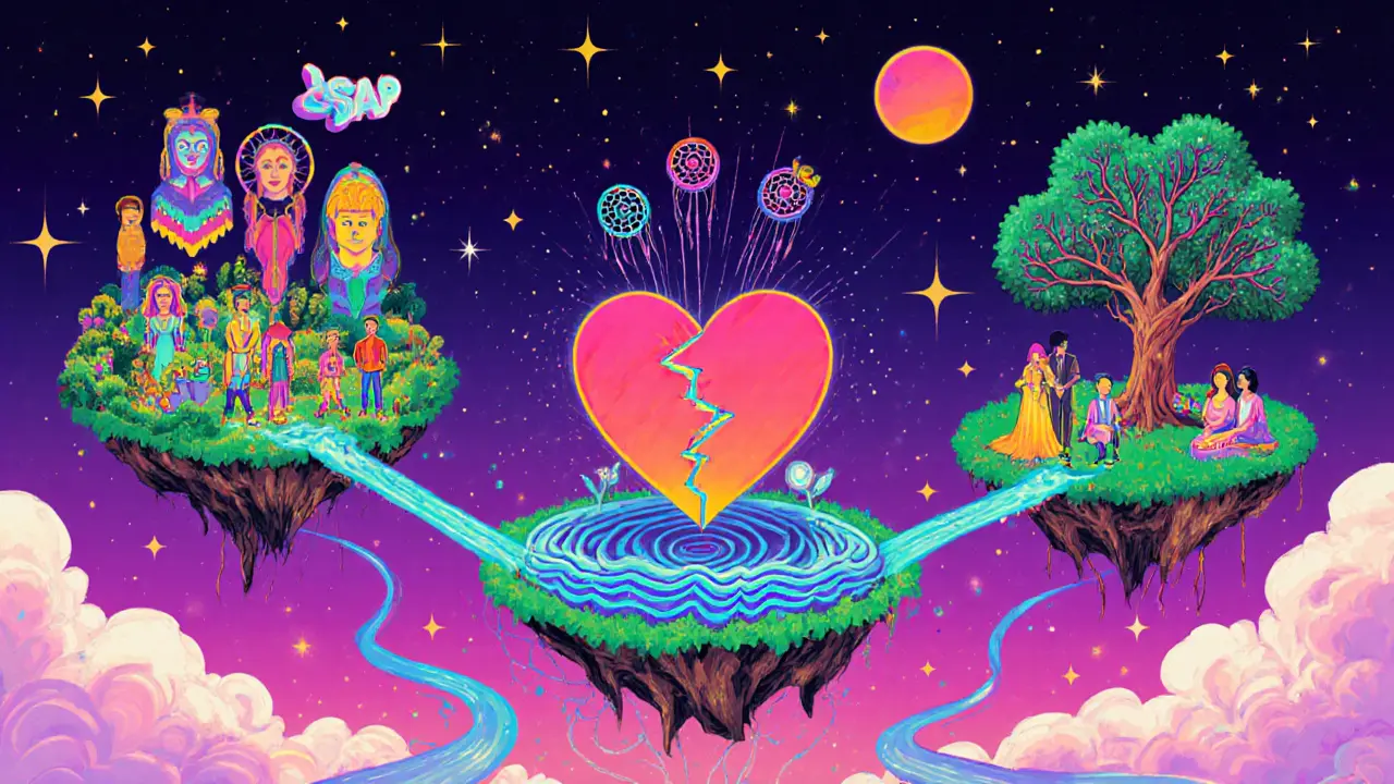 Tři barevné ostrovy představující různé školy psychoterapie s archetypy, srdci a rodinnými sítěmi.