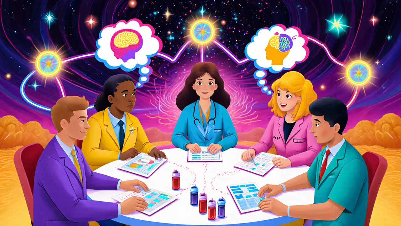 Tým lékařů společně pracuje na kruhovém stole s léčebnými grafy a krevními vzorky v jasné psychedeliczní atmosféře.