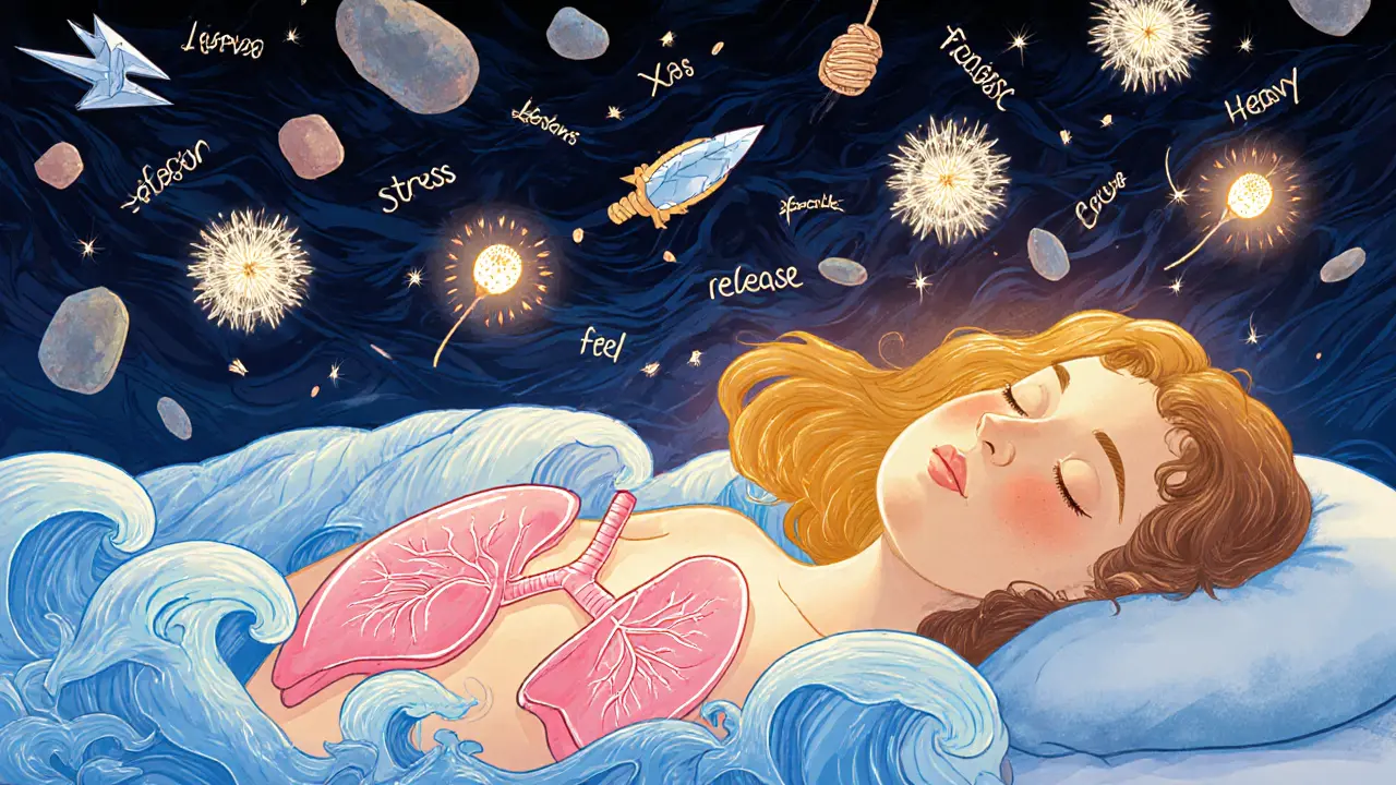 Žena spí pod pokrývkou z dechů, zatímco znaky stresu se mění v květy.