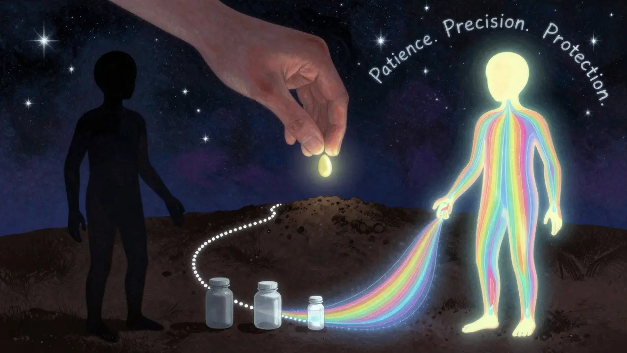 Before-and-after illustration showing safe refeeding with rainbow electrolytes flowing gently into a recovering body.