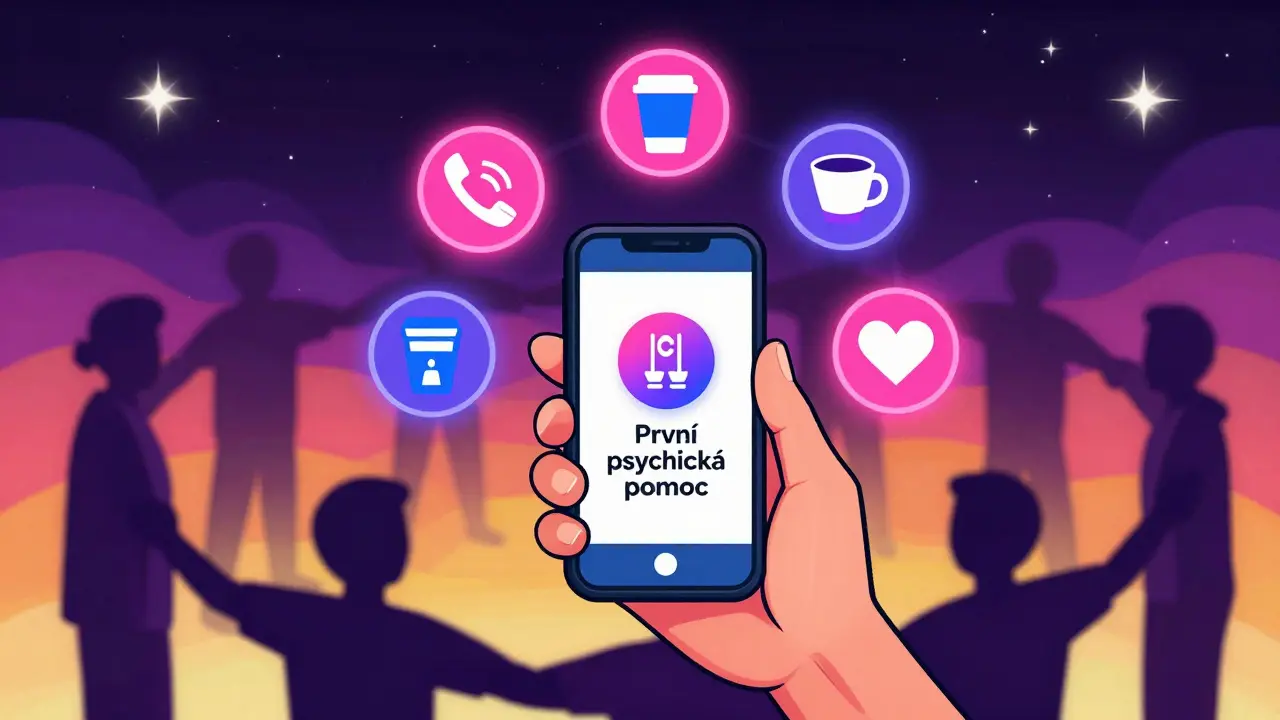 Chytrý telefon s aplikací pro první psychickou pomoc je obklopen ikonami podpory a lidmi v kruhu.