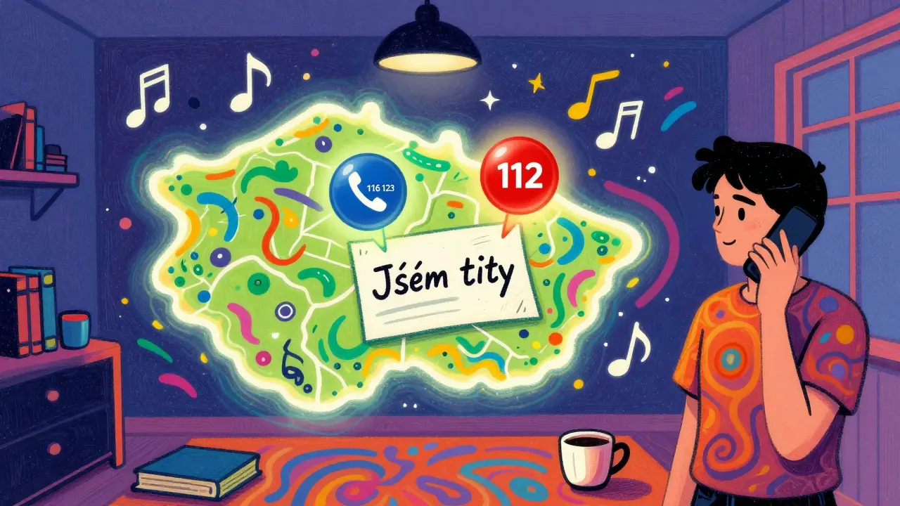 Člověk hovoří po telefonu, vedle něj se objevují ikony krizových linek a symboly podpory v psychedelickém stylu.