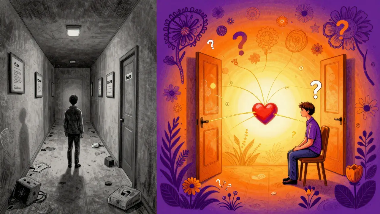 Člověk přechází z temné chodby do živého, květinového prostoru, symbolizující přechod od izolace k spojení.