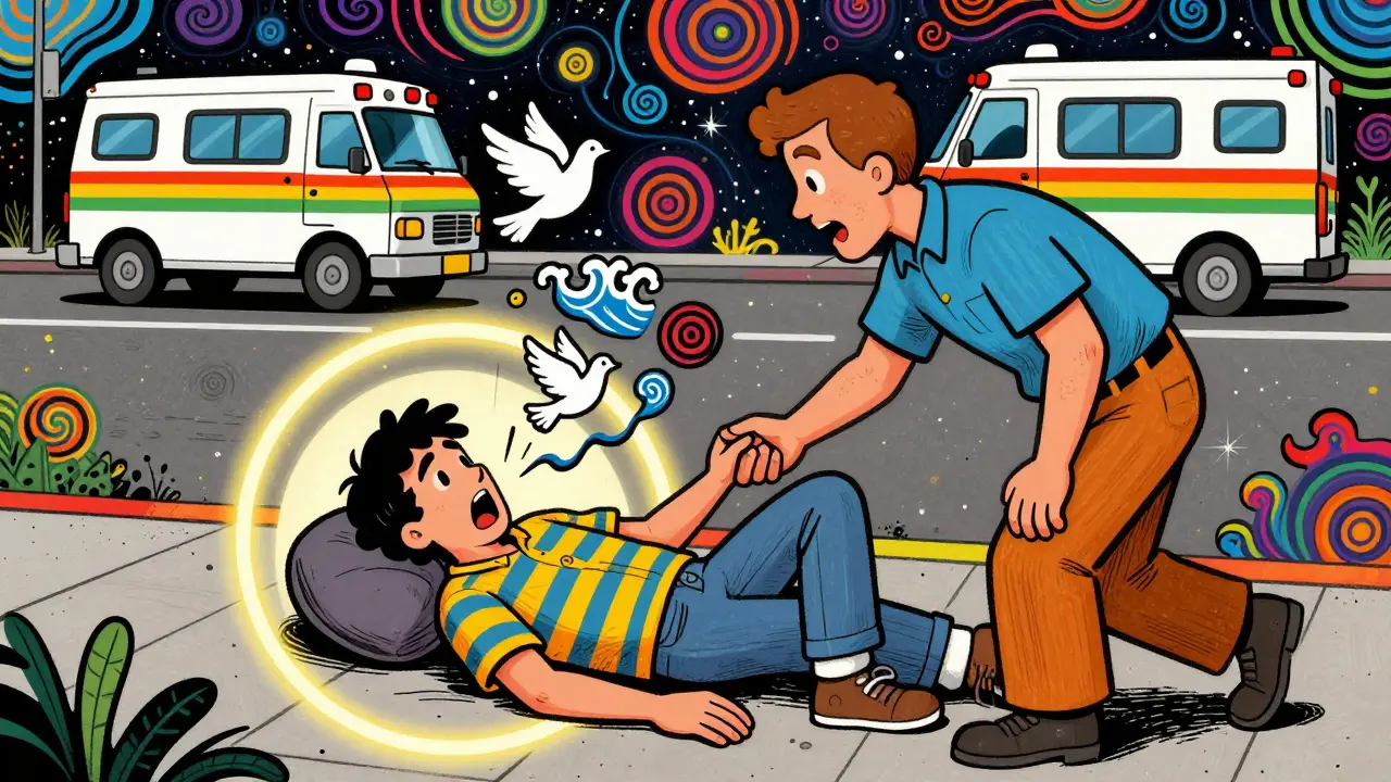 Člověk v šoku na chodníku je podporován přítomným přítelem, kolem něj plavou symboly klidu.