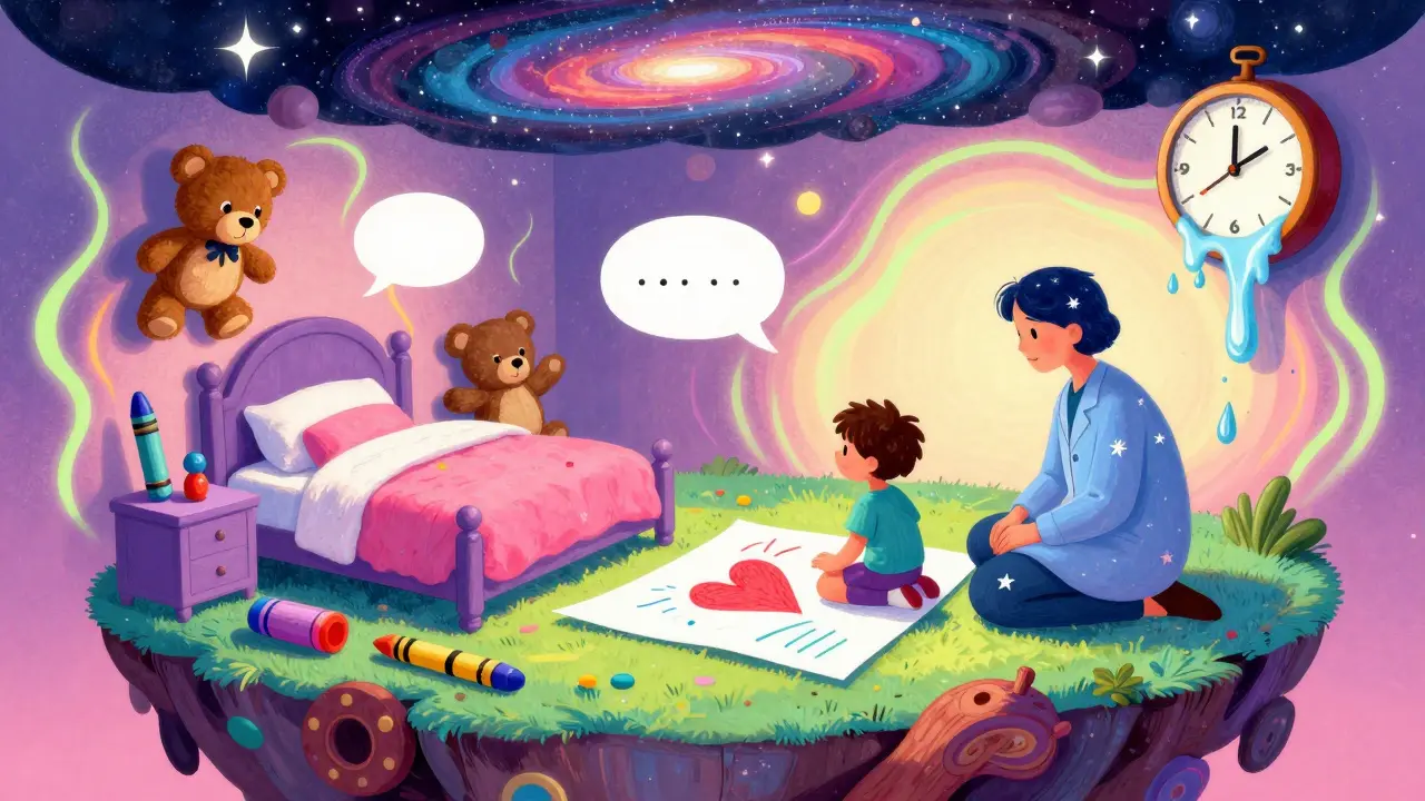 Dětská ložnice je plná živých hraček a duševních obrázků, psycholožka poslouchá, zatímco dítě kreslí srdce na obloze.