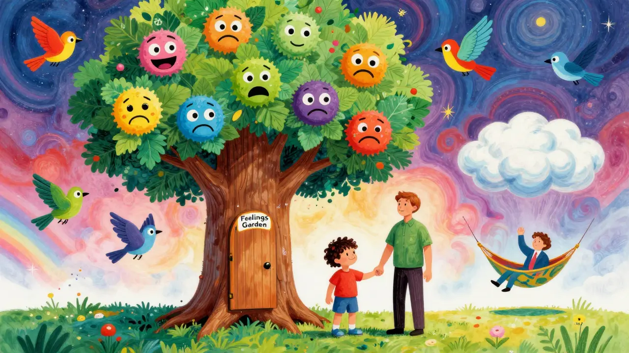 Dítě a rodič jdou k stromu s dveřmi, kde žijí city jako ptáci, psycholožka v oblacích je pozdravuje.