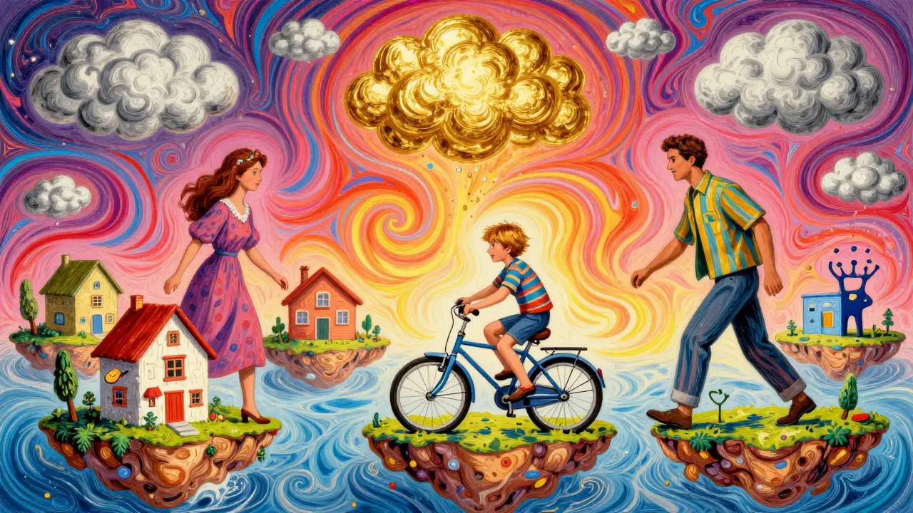 Dítě jezdí na kole, které vytváří ostrovy života, zatímco rodiče ho jemně podporují, v kresleném Peter Max stylu.