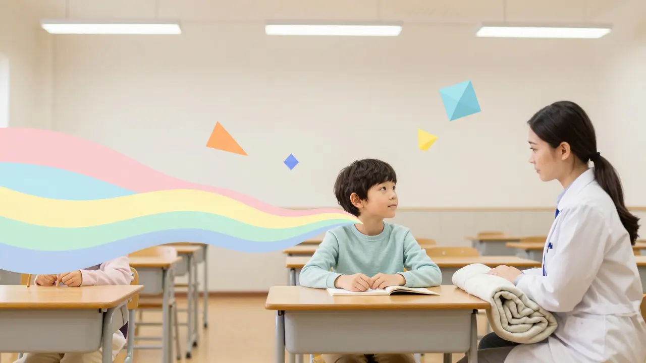 Dítě klidně sedí ve třídě, kolem něj mírné vlny barev neutralizují příliš hlasité podněty.