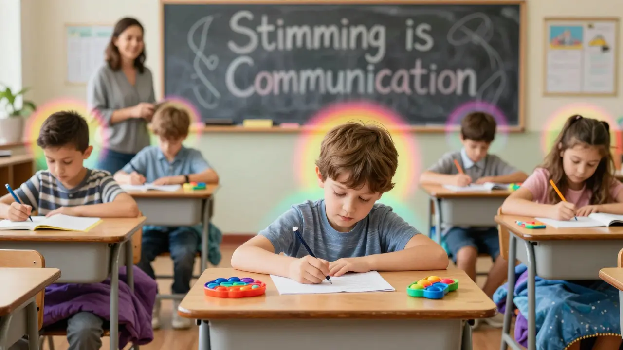 Dítě si tře ruce ve třídě, zatímco spolužáci používají klidné pomůcky v teplých, duhových světlech.