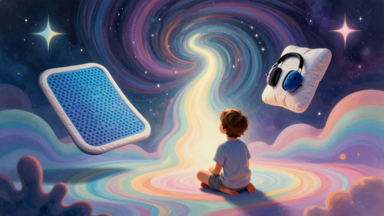 Dítě vybírá senzorické pomůcky v klidném prostoru plném prudkých barev a kozmických tvarů.