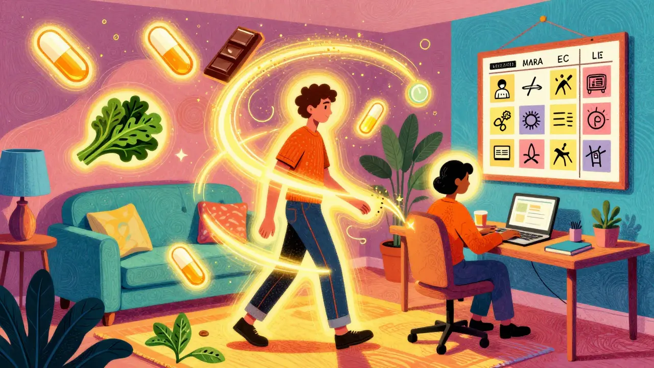 Dospělý se prochází kolem symbolů zdravé výživy v psychedelickém prostředí.