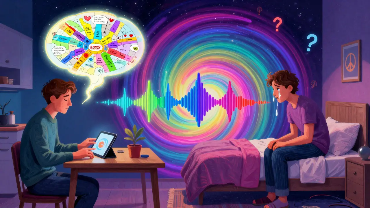 Dva partneři v různých městech jsou spojeni barvitými vlnami komunikace, nad jejich hlavami se objevují mapy lásky.