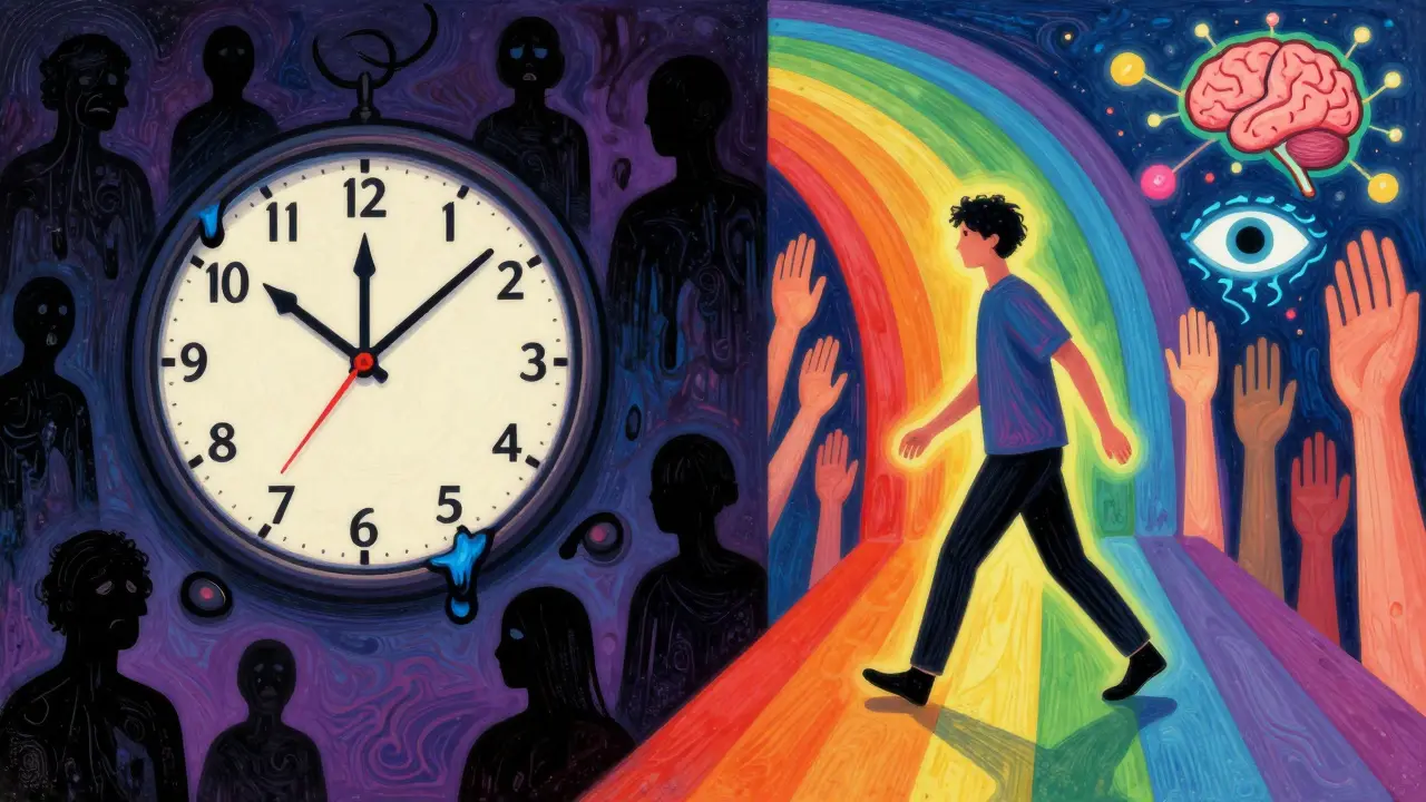 Dvě části scény: jedna s časem, který taje, druhá s člověkem jdoucím po duze s podporou.