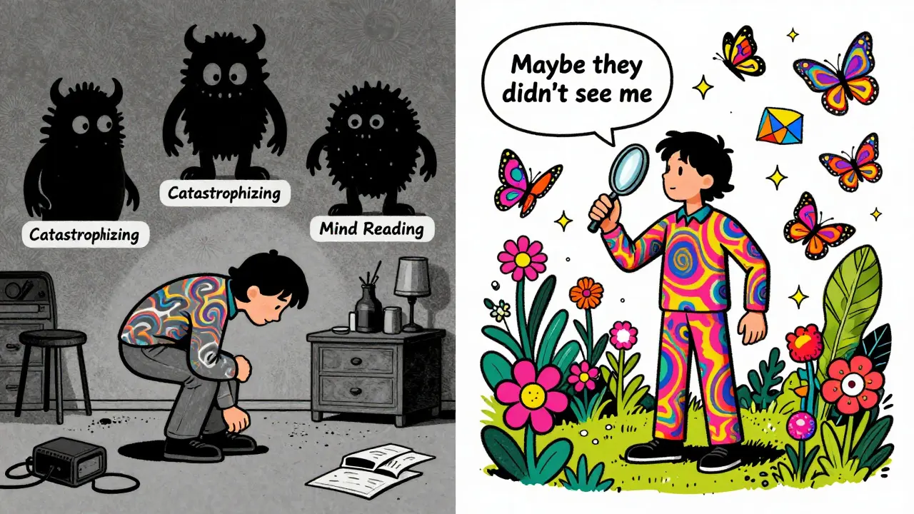 Dvě scény: jedna s temnými monstry, druhá s člověkem v květinové zahradě, symbolizující změnu myšlení.