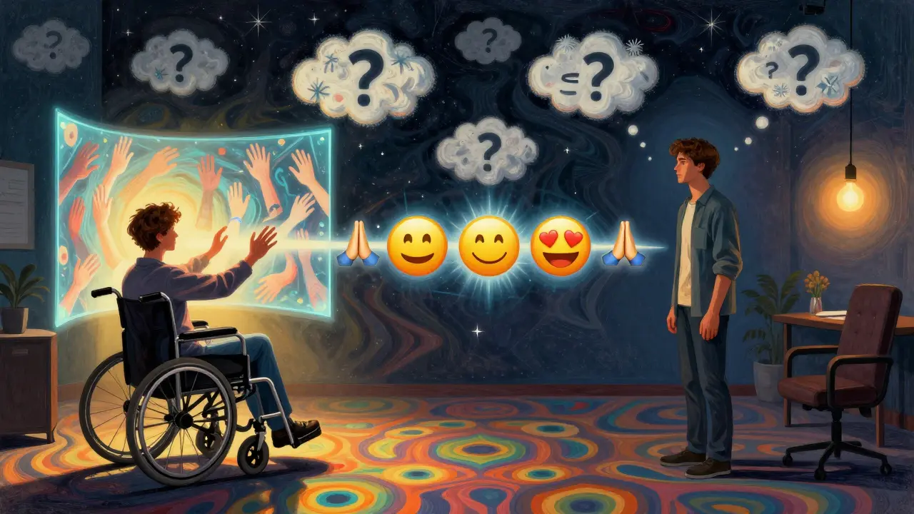 Dvě scény spojené mostem z vln a emoji: online terapie proti tradiční, s kolečkovým křeslem a světlem.